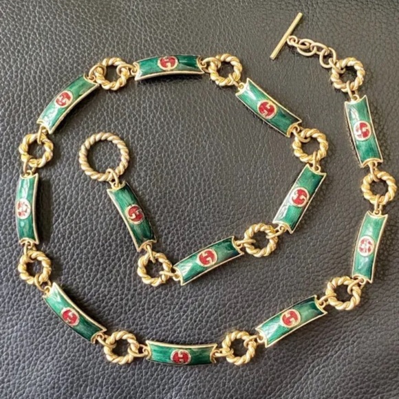 RARE VINTAGE 1970s GUCCI ITALY GOLD CHAIN BELT NECKLACE GREEN RED ENAMEL GG LOGO